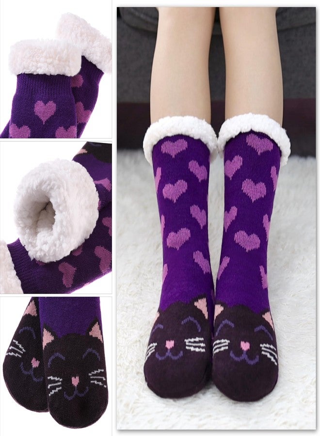POEATEZO Womens Slipper Socks Soft Warm Fluffy Winter Fleece Lined Sherpa Socks (Purple Cat) - Image 3